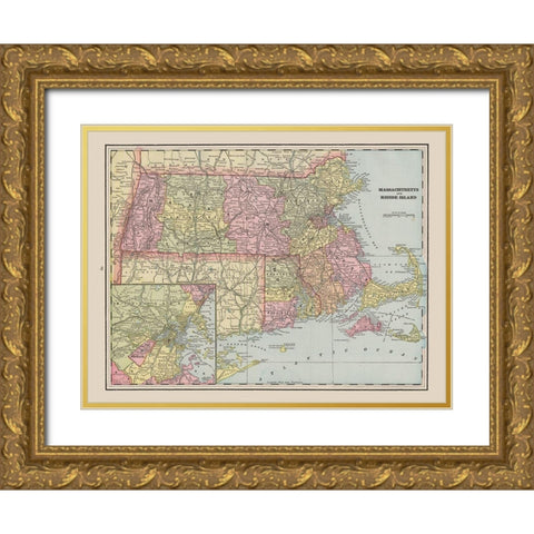 Massachusetts - Rhode Island - Cram 1892 Gold Ornate Wood Framed Art Print with Double Matting by Cram