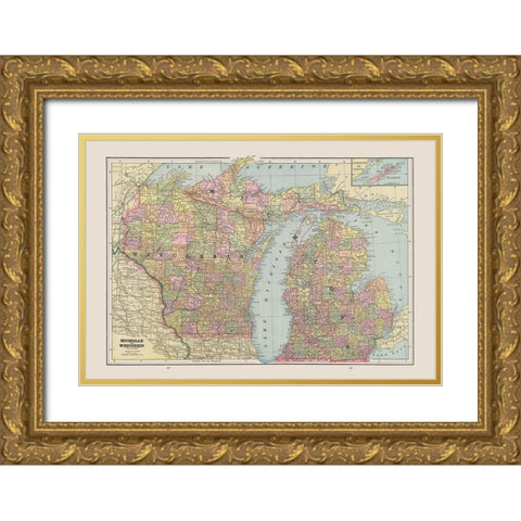 Michigan, Wisconsin - Cram 1892 Gold Ornate Wood Framed Art Print with Double Matting by Cram