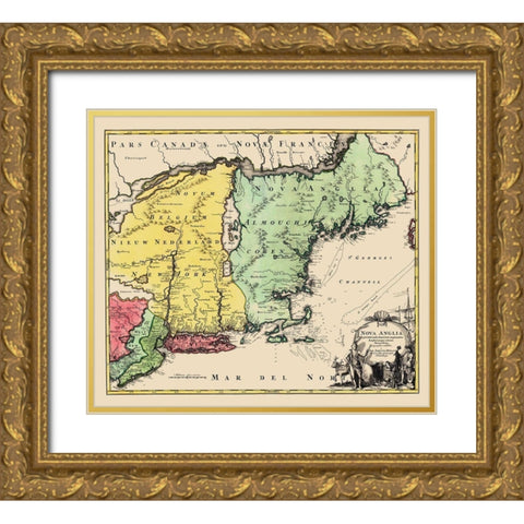 New England, United States - Homann 1759 Gold Ornate Wood Framed Art Print with Double Matting by Homann