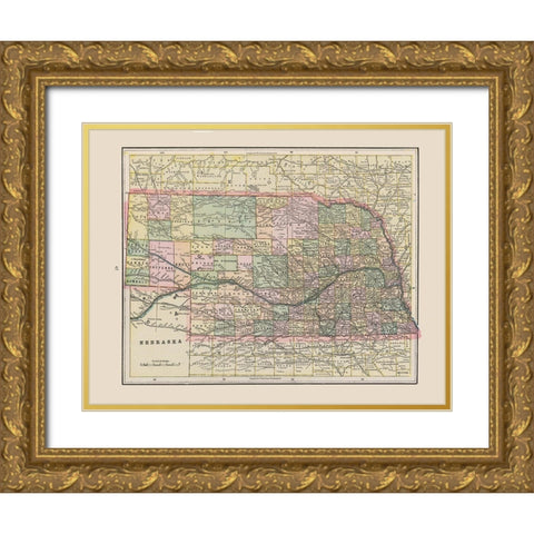 Nebraska - Cram 1892 Gold Ornate Wood Framed Art Print with Double Matting by Cram