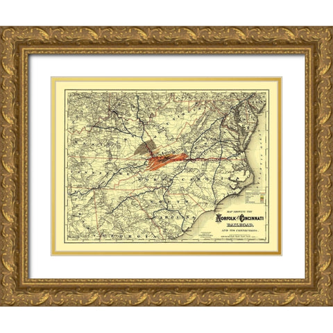 Norfolk and Cincinnati Railroad - Colton 1882 Gold Ornate Wood Framed Art Print with Double Matting by Colton