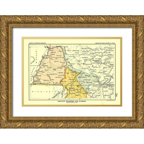 Tennessee - Alabama - Hoen 1896 Gold Ornate Wood Framed Art Print with Double Matting by Hoen