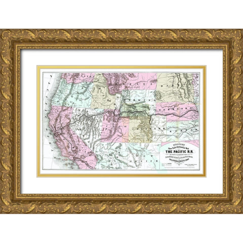 Pacific Railroad with Routes to California 1877 Gold Ornate Wood Framed Art Print with Double Matting by Williams