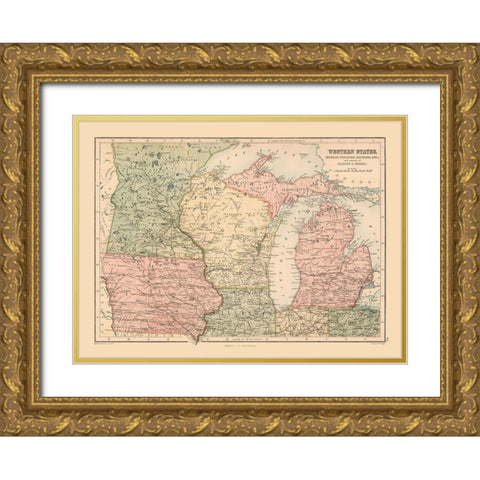 Western States of US - Black 1867 Gold Ornate Wood Framed Art Print with Double Matting by Black