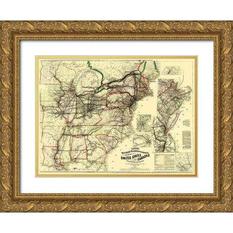Railroads, Telegraph, Express in US, Canada 1867 Gold Ornate Wood Framed Art Print with Double Matting by Lloyd