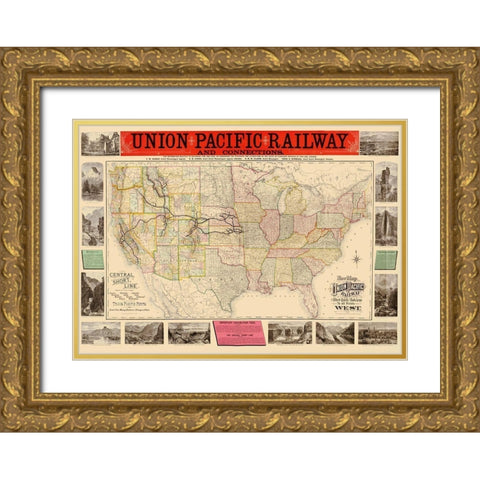 Union Pacific Railway - Rand McNally 1883 Gold Ornate Wood Framed Art Print with Double Matting by Rand McNally
