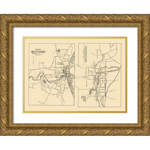 Bennington, Brattleboro Vermont - Beers 1876 Gold Ornate Wood Framed Art Print with Double Matting by Beers