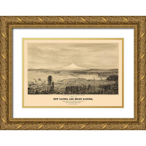 New Tacoma Mount Rainier Washington - Glover 1878 Gold Ornate Wood Framed Art Print with Double Matting by Glover