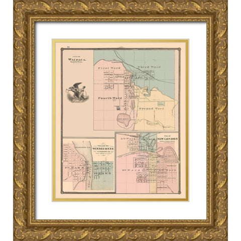 Waupaca, New London, Winneconne Wisconsin Gold Ornate Wood Framed Art Print with Double Matting by Snyder