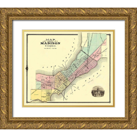 Madison Wisconsin - Snyder 1878 Gold Ornate Wood Framed Art Print with Double Matting by Snyder