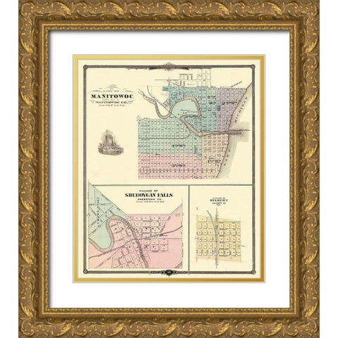 Manitowoc, Sheboygan Falls Wisconsin - Snyder 1878 Gold Ornate Wood Framed Art Print with Double Matting by Snyder