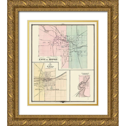 Ripon, Omro, Dartford Wisconsin - Snyder 1878 Gold Ornate Wood Framed Art Print with Double Matting by Snyder