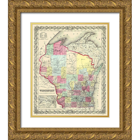 Wisconsin - Colton 1855 Gold Ornate Wood Framed Art Print with Double Matting by Colton