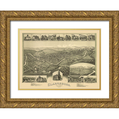 Clarksburg West Virginia - Fowler 1898 Gold Ornate Wood Framed Art Print with Double Matting by Fowler