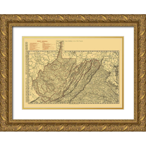 West Virginia Railroads - Rand McNally 1898 Gold Ornate Wood Framed Art Print with Double Matting by Rand McNally