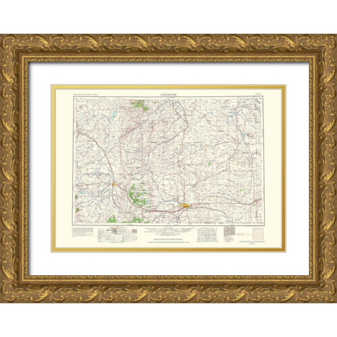 Cheyenne Wyoming Colorado Nebraska Quad - USGS Gold Ornate Wood Framed Art Print with Double Matting by USGS