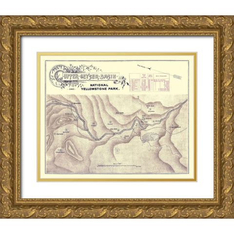 Yellowstone Upper Geyser Wyoming - 1883 Gold Ornate Wood Framed Art Print with Double Matting by Unknown