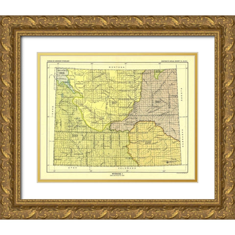 Wyoming - Yellowstone National Park - Hoen 1896 Gold Ornate Wood Framed Art Print with Double Matting by Hoen