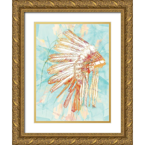 Indian War Bonnet Blue Gold Ornate Wood Framed Art Print with Double Matting by Urban Road