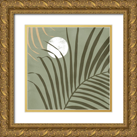 Sunset Palm Green Gold Ornate Wood Framed Art Print with Double Matting by Urban Road