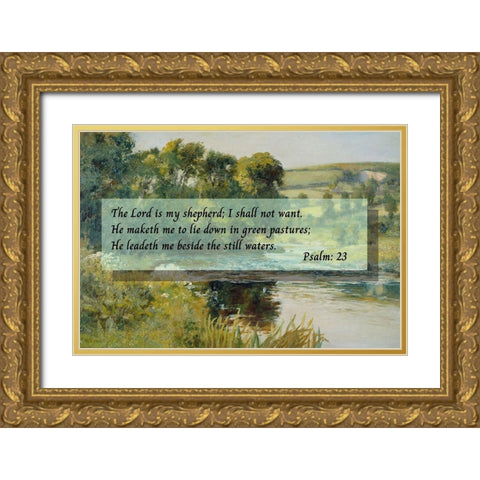 Bible Verse Quote Psalm 23, Edward Mitchell Bannister, Streamside Gold Ornate Wood Framed Art Print with Double Matting by ArtsyQuotes