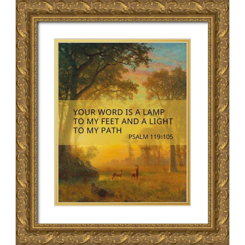 Bible Verse Quote Psalm 119:105, Albert Bierstadt, Light in the Forest Gold Ornate Wood Framed Art Print with Double Matting by ArtsyQuotes