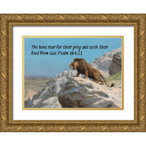 Bible Verse Quote Psalm 104:21, Jean Leon Gerome - Lion on the Watch Gold Ornate Wood Framed Art Print with Double Matting by ArtsyQuotes