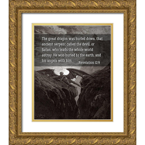 Bible Verse Quote Revelation 12:9, Gustave Dore - Satan Resting on the Mountain Gold Ornate Wood Framed Art Print with Double Matting by ArtsyQuotes