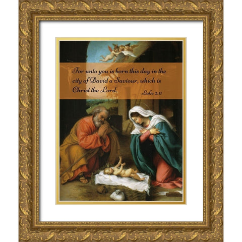 Bible Verse Quote Luke 2:11, Lorenzo Lotto - Nativity of Christ Gold Ornate Wood Framed Art Print with Double Matting by ArtsyQuotes