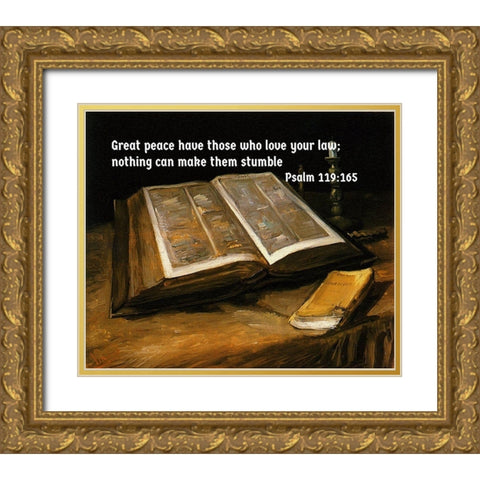 Bible Verse Quote Psalm 119:165, Vincent van Gogh - Still Life with Bible Gold Ornate Wood Framed Art Print with Double Matting by ArtsyQuotes