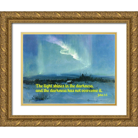 Bible Verse Quote John 1:5, Sydney Laurence - Northern Lights Gold Ornate Wood Framed Art Print with Double Matting by ArtsyQuotes