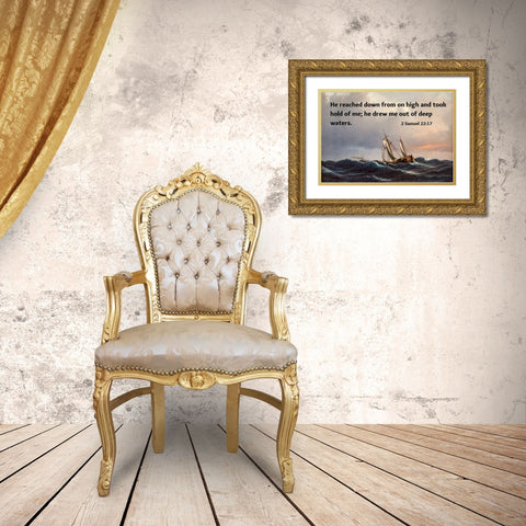 Bible Verse Quote 2 Samuel 22:17, Anton Melbye - A Ship in High Seas at Sunset Gold Ornate Wood Framed Art Print with Double Matting by ArtsyQuotes