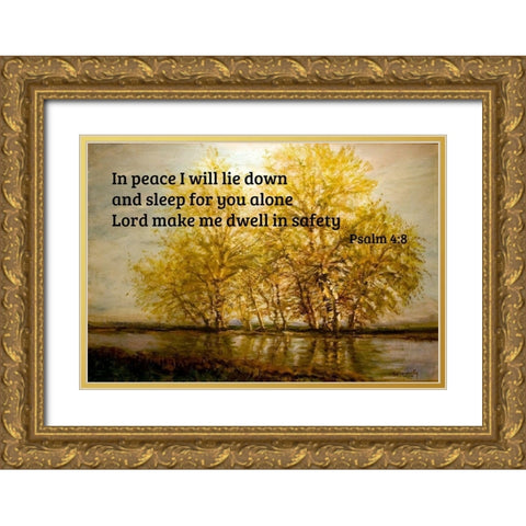 Bible Verse Quote Psalm 4:8, Laszlo Mednyanszky - Early Spring Trees at the Riverfront Gold Ornate Wood Framed Art Print with Double Matting by ArtsyQuotes