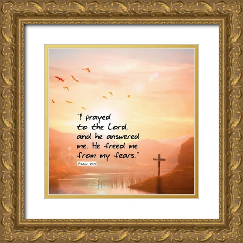 Bible Verse Quote Psalm 34:4 Gold Ornate Wood Framed Art Print with Double Matting by ArtsyQuotes