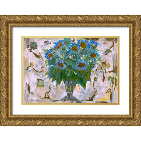 Blue and Orange Floral Gold Ornate Wood Framed Art Print with Double Matting by Wiley, Marta