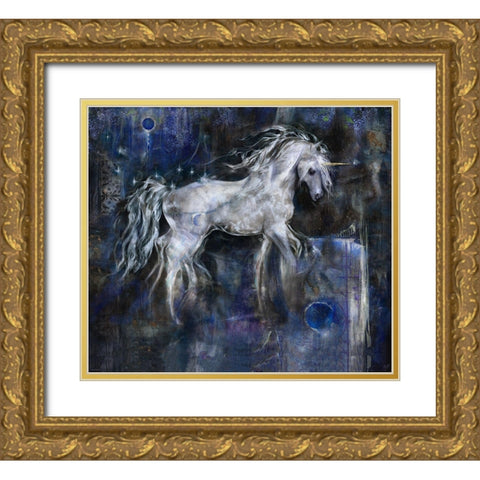 Unicorn- Blue Gold Ornate Wood Framed Art Print with Double Matting by Wiley, Marta
