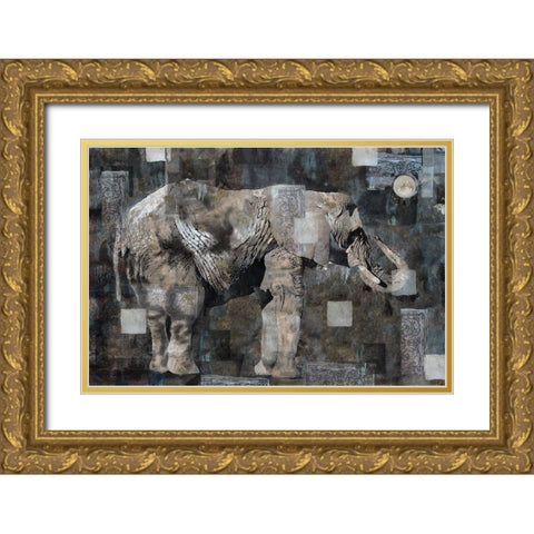 Elephant Collage Blue Gold Ornate Wood Framed Art Print with Double Matting by Wiley, Marta