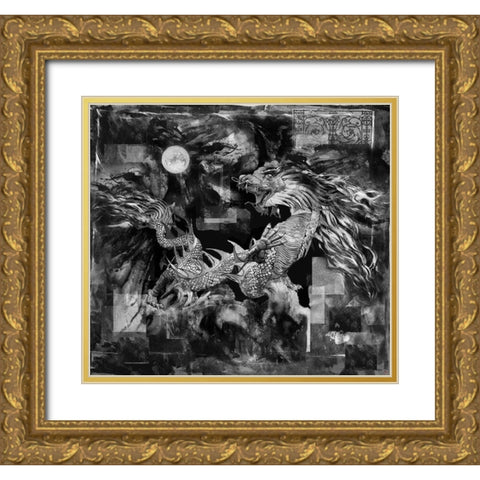 Dragon BandW Gold Ornate Wood Framed Art Print with Double Matting by Wiley, Marta