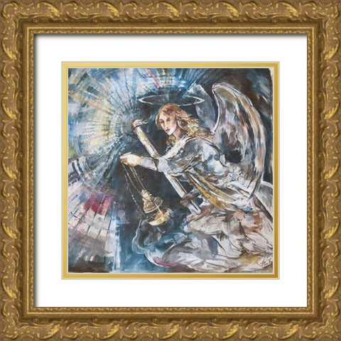 Angel With Candle Gold Ornate Wood Framed Art Print with Double Matting by Wiley, Marta