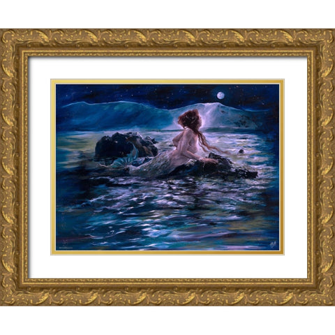 Mermaid- Teal Gold Ornate Wood Framed Art Print with Double Matting by Wiley, Marta