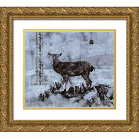 Deer-Blue Gold Ornate Wood Framed Art Print with Double Matting by Wiley, Marta
