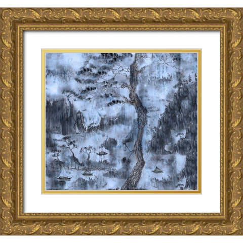Chinese Landscape Blue Gold Ornate Wood Framed Art Print with Double Matting by Wiley, Marta