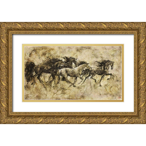 Horses Running I Gold Ornate Wood Framed Art Print with Double Matting by Wiley, Marta