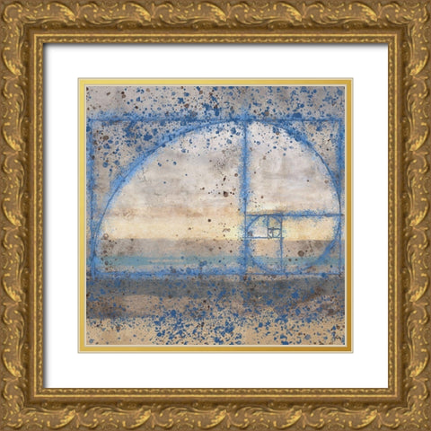 Fibonacci Shell Blue Gold Ornate Wood Framed Art Print with Double Matting by Wiley, Marta