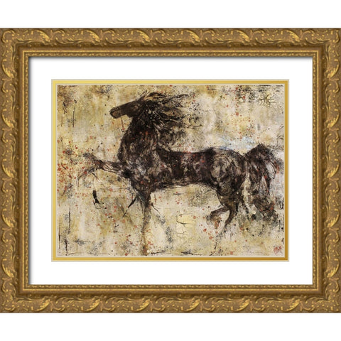 Horse And Crackle Gold Ornate Wood Framed Art Print with Double Matting by Wiley, Marta