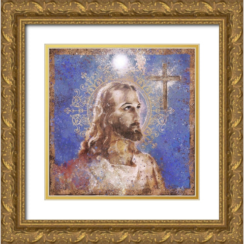 Jesus Rock Star Blue Gold Ornate Wood Framed Art Print with Double Matting by Wiley, Marta