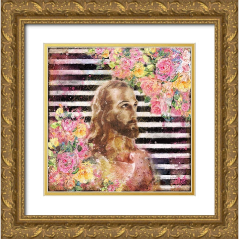 Jesus Rock Star Floral Gold Ornate Wood Framed Art Print with Double Matting by Wiley, Marta