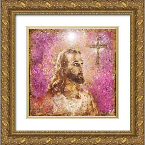 Jesus Rock Star Pink Gold Ornate Wood Framed Art Print with Double Matting by Wiley, Marta