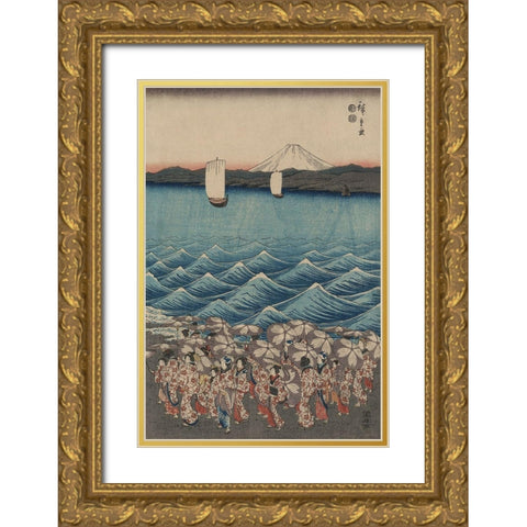 Opening celebration of Benzaiten Shrine at Enoshima in Soshu.  Gold Ornate Wood Framed Art Print with Double Matting by Hiroshige, Ando