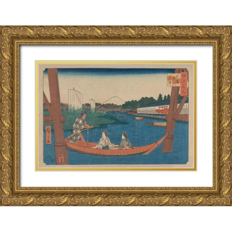 Island bridge in Mitsumata (Ohashi nakazu mitsumata), 1854 Gold Ornate Wood Framed Art Print with Double Matting by Hiroshige, Ando
